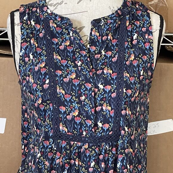 Loft Womens Blouse Sz XS Floral Trim Popover Mid Button Sleeveless Botanical - Picture 5 of 13